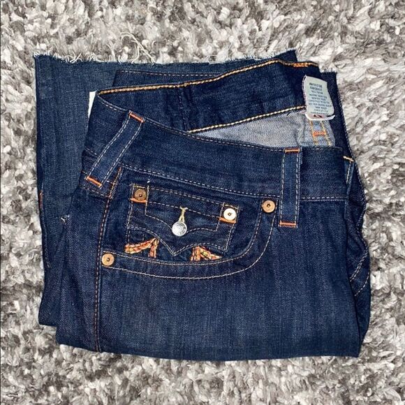True Religion Blue Denim Manmade Rainbow Horseshoe Casual Cutoff Shorts - Picture 1 of 12